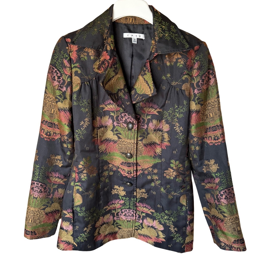 Cabi Floral Brocade Blazer Jacket Pink Green Gold Tapestry Button Front, S